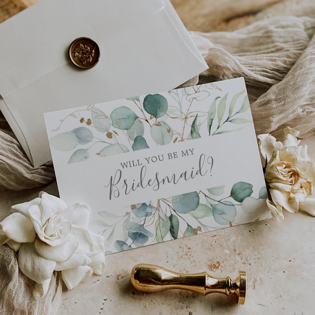 Airy Greenery & Gold Leaf Bridesmaid Vorschlagskar Einladung (Von Creator hochgeladen)