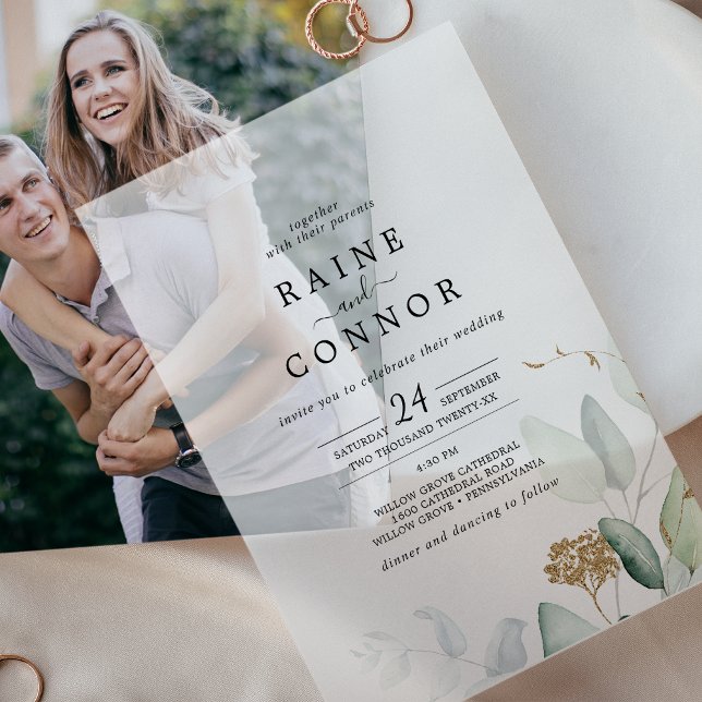 Airy Greenery Gold Leaf Elegante Wedding (Airy Greenery Gold Leaf Elegant Wedding Vellum Invitations)