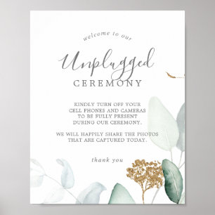 Airy Greenery & Gold Leaf Unplugged Ceremony Sign Poster