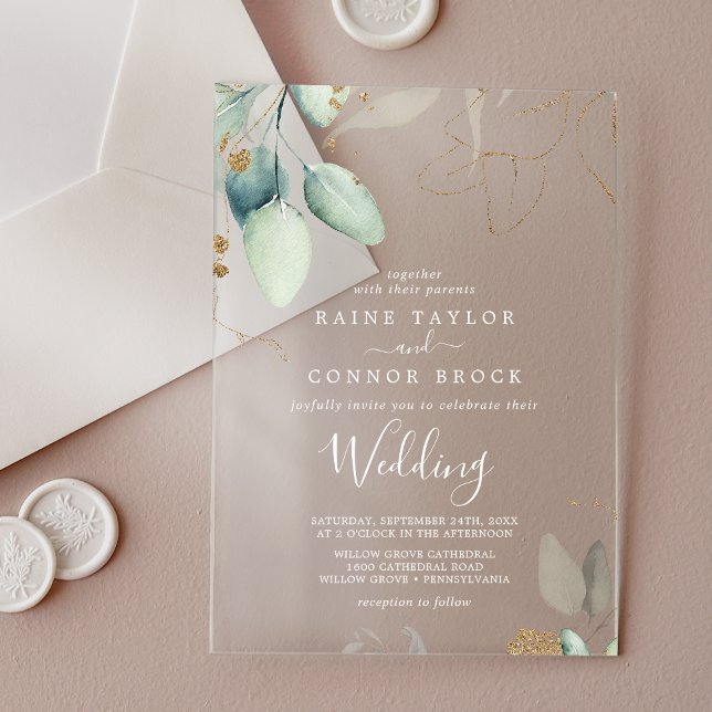 Airy Greenery Gold Leaf White Eucalyptus Wedding Acryleinladungen (Airy Greenery Gold Leaf White Eucalyptus Wedding Acrylic Invitations)