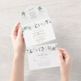 Airy Greenery Gold Monogram All in one Wedding Einladung