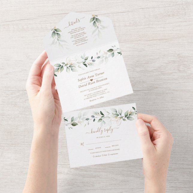 Airy Greenery Gold Monogram All in one Wedding Einladung (Abreißen)