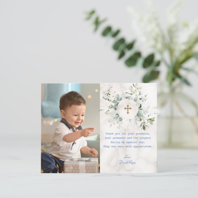 Airy Greenery Marble Foto Boy Gold Taufe Dankeskarte (Stehend Vorderseite)