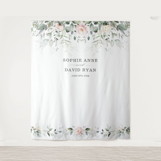 Airy Greenery Pink Floral Gold Wedding Foto Prop Wandteppich (Vorderseite)