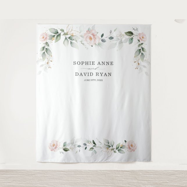 Airy Greenery Pink Floral Gold Wedding Foto Prop Wandteppich (Vorderseite)