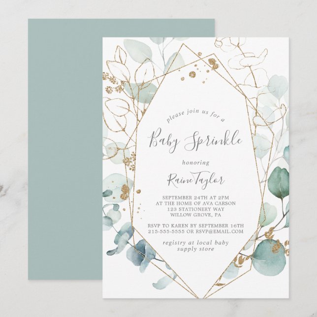 Airy Greenery und Gold Leaf Baby Sprinkle Einladung (Vorne/Hinten)