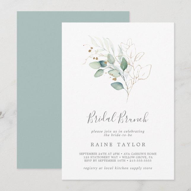 Airy Greenery und Gold Leaf Bridal Brunch Einladung (Vorne/Hinten)
