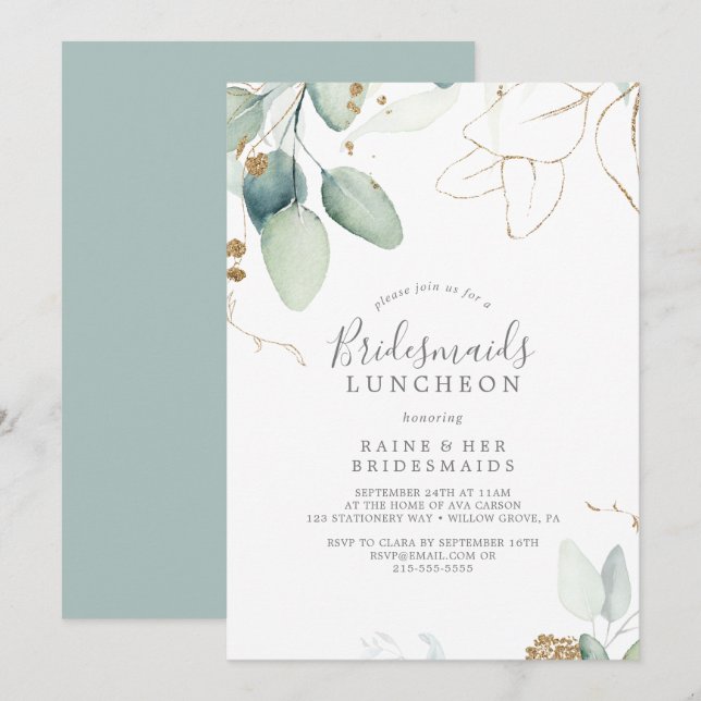 Airy Greenery und Gold Leaf Bridesmaids Luncheon Einladung (Vorne/Hinten)