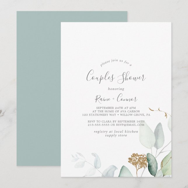 Airy Greenery und Gold Leaf Couples Dusche Einladung (Vorne/Hinten)