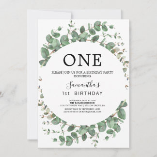 Airy Greenery und Gold Leaf erste Geburtstagsparty Einladung