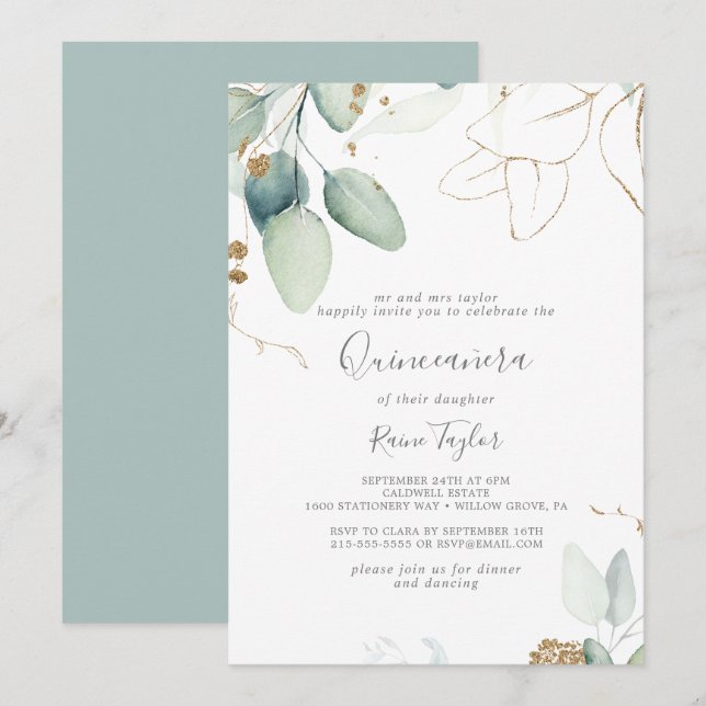 Airy Greenery und Gold Leaf Quinceañera Einladung (Vorne/Hinten)