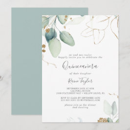 Airy Greenery und Gold Leaf Quinceañera Einladung