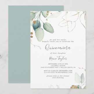 Airy Greenery und Gold Leaf Quinceañera Einladung