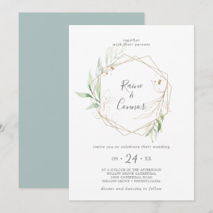 Airy Greenery und Gold Leaf Wreath Wedding Einladung