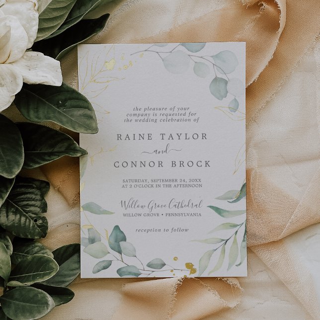 Airy Greenery und Pressed Gold Foil Leaf Wedding Folieneinladung (Von Creator hochgeladen)
