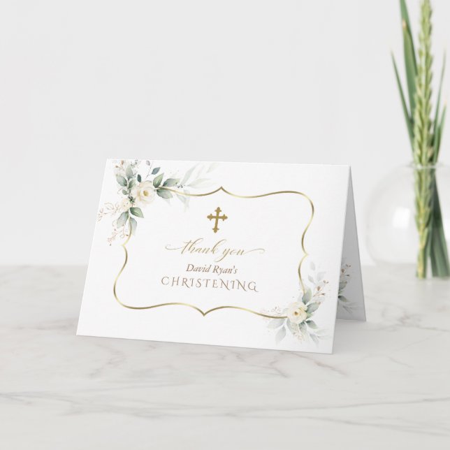 Airy Greenery White Blume Foto Boy Christening Dankeskarte (Vorderseite)