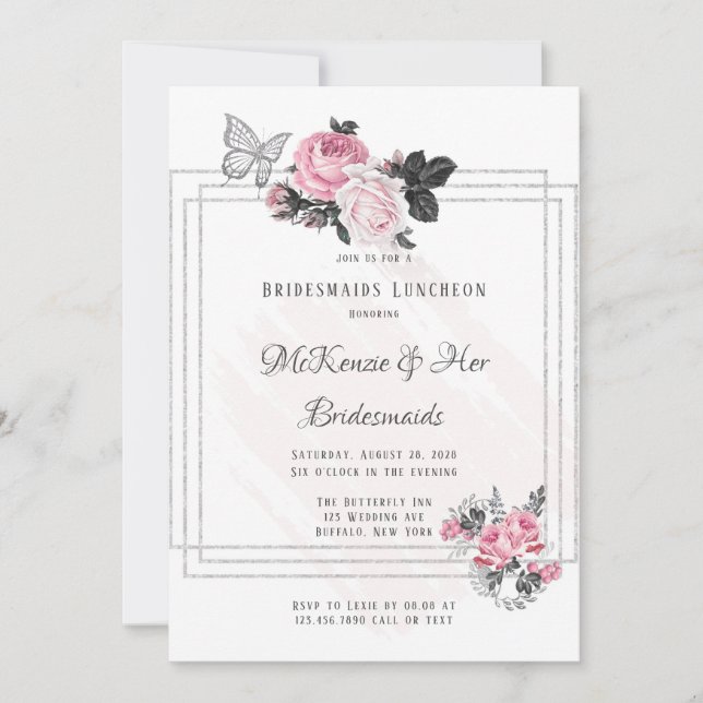 Airy Pink Black Peony Silver Bridesmaids Luncheon Einladung (Vorderseite)