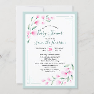 Airy Pink Green Mint Aquarell Floral Baby Dusche Einladung