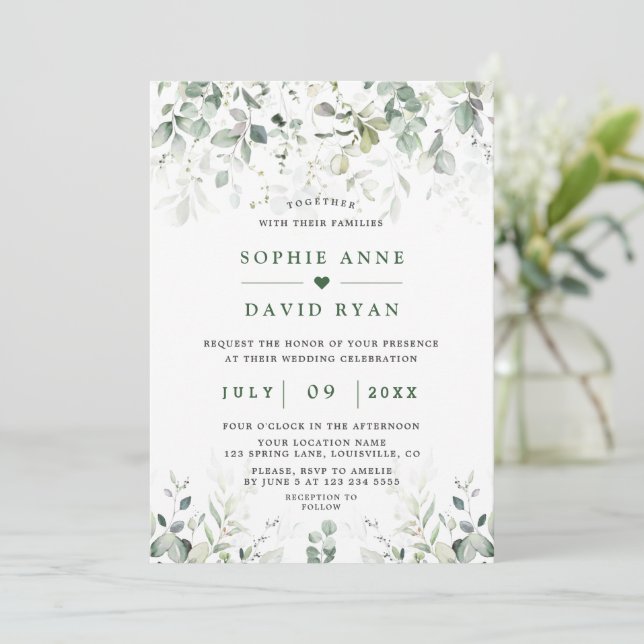 Airy Watercolor Greenerity Gold Wedding Einladung (Stehend Vorderseite)