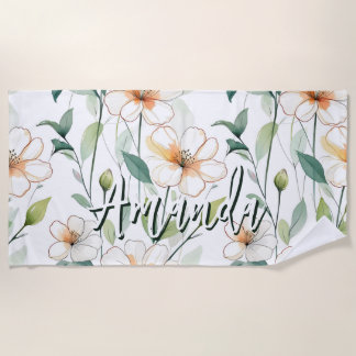 Airy White Flowers Greenery Pattern Blossom Floral Strandtuch