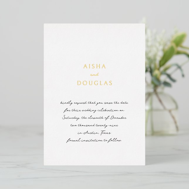 Aisha Elegant Moderne Hochzeit speichern das Datum Folieneinladung (Stehend vorne)