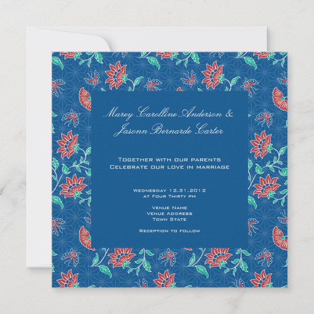 Aiyana Floral Batik Square Hochzeit Einladung 3 (Vorderseite)