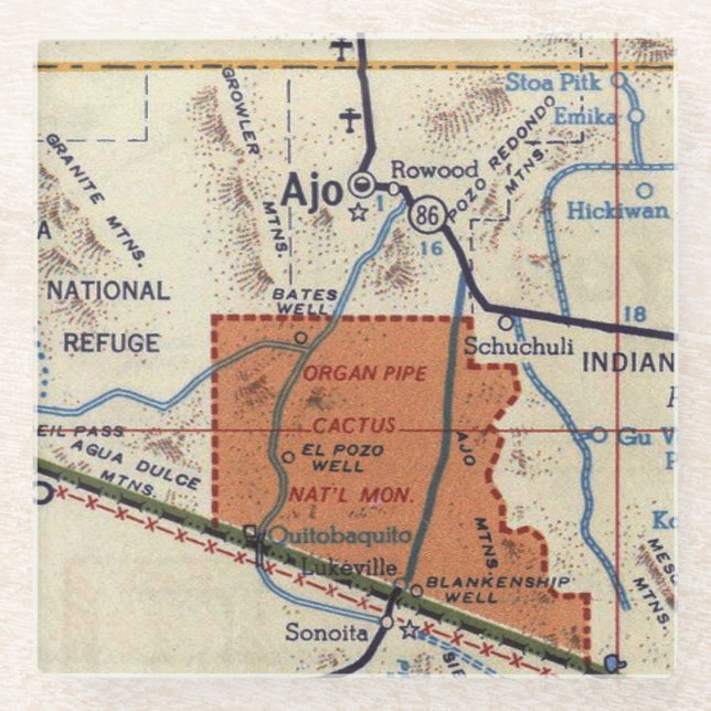 Ajo Arizona und Orgel Pipe Nationaler Plan Glasuntersetzer (Vorderseite)