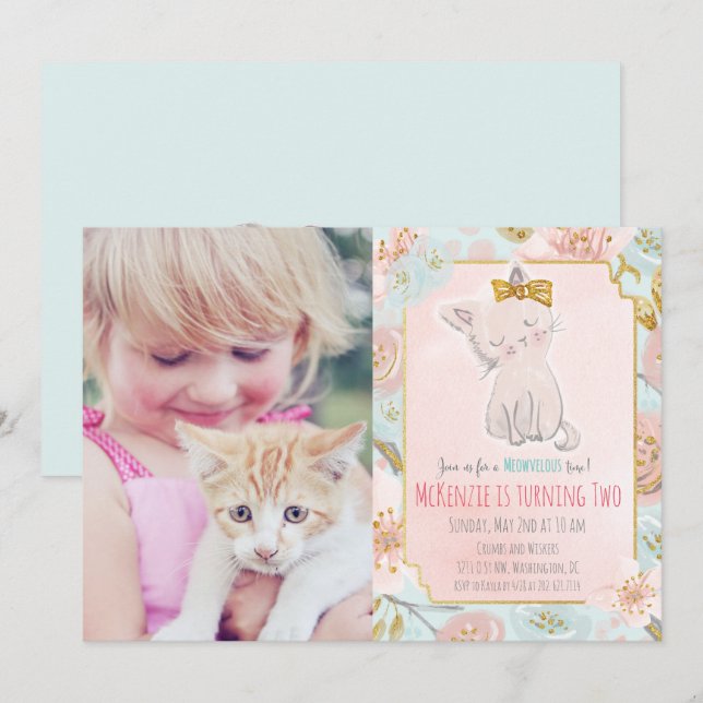 AJOUTER PHOTO - Cute Kitten Floral Invitation Anni (Devant / Derrière)