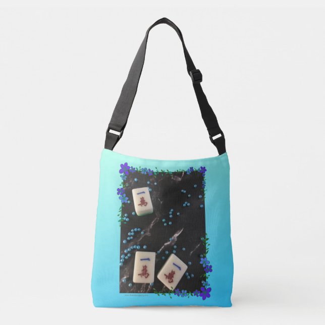 Ajustable Sac carrossable à thème bleu à fleurs mahjong (Devant)