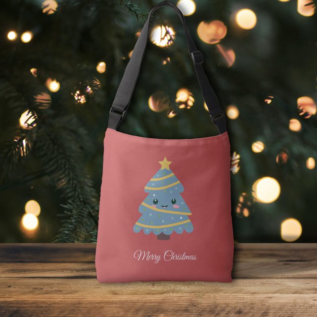 Ajustable Sac croisé rouge avec arbre de Noël Kawaii (Red Crossbody Bag with Kawaii Christmas Tree )