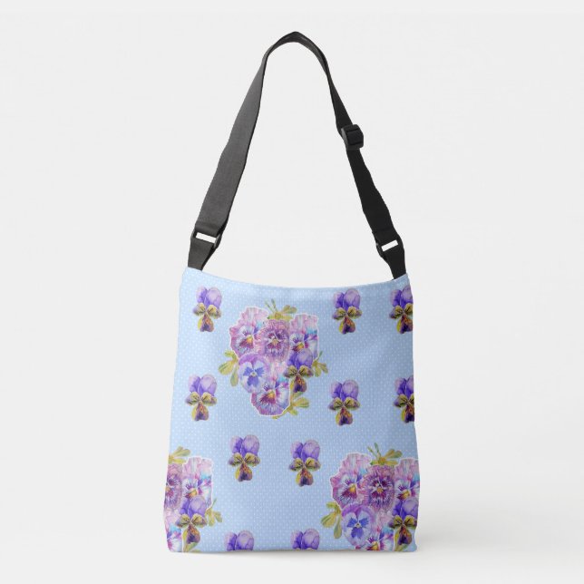 Ajustable Shabby Chic Pansy Fleurs Polka Dot Crossbody Sac (Devant)