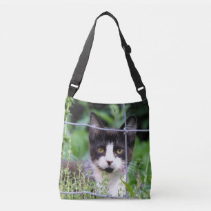 Ajustable Tuxedo Kitten dans le sac de carrosserie du jardin