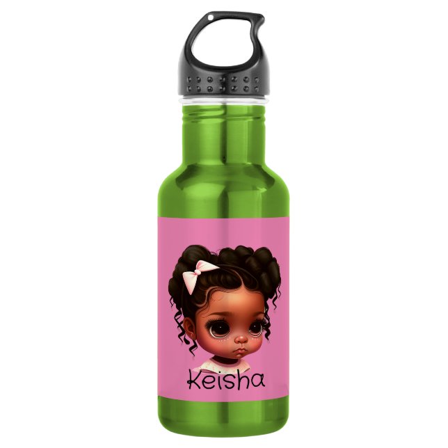 AKA - Braun Mädchen in Rosa und Grün Edelstahlflasche (Vorderseite)