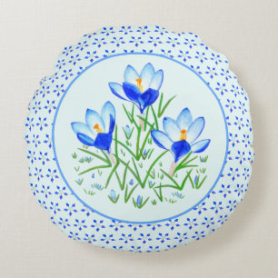 Akelei und Blaue Krokusse Rundes Kissen