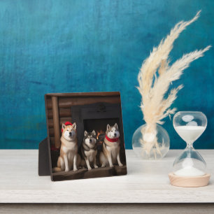 Akita am Kamin Weihnachten Fotoplatte