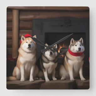 Akita am Kamin Weihnachten Quadratische Wanduhr
