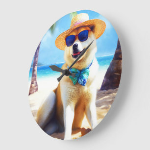 Akita am Strand, Sommergeschenk für Hunde Liebhabe Große Wanduhr