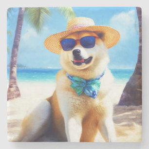 Akita am Strand, Sommergeschenk für Hunde Liebhabe Steinuntersetzer