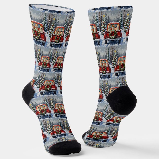 Akita Christmas Red Truck Holiday Socken (Gewinkelt)