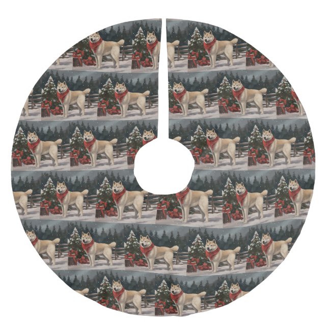 Akita Dog in Schnee Weihnachten Polyester Weihnachtsbaumdecke (Vorderseite)