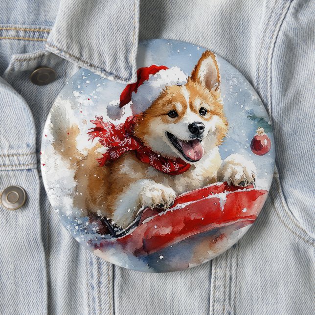 Akita Dog in Sledge Lass es Schnee Weihnachten Button (Beispiel)