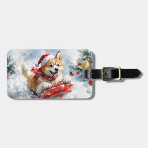 Akita Dog in Sledge Lass es Schnee Weihnachten Gepäckanhänger