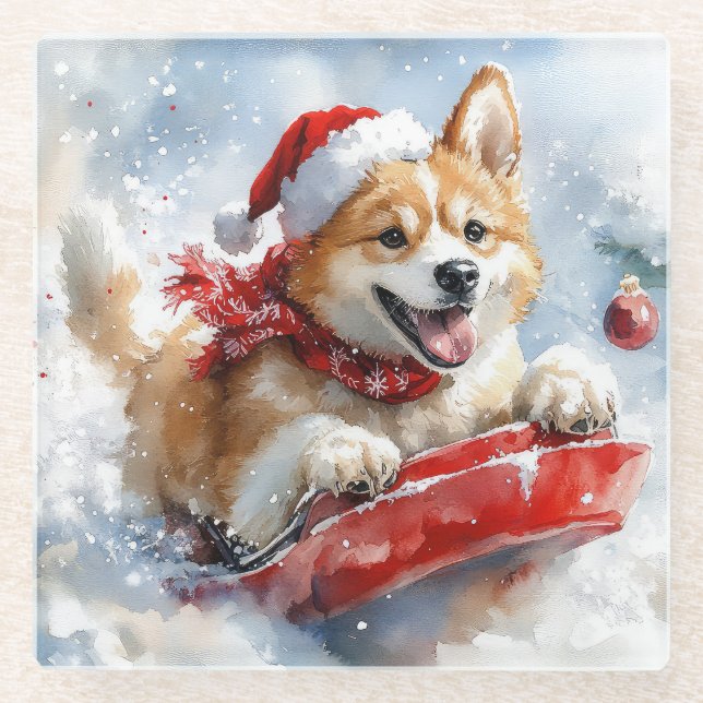 Akita Dog in Sledge Lass es Schnee Weihnachten Glasuntersetzer (Vorderseite)