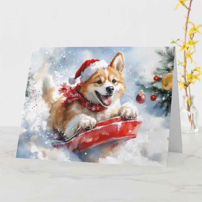 Akita Dog in Sledge Lass es Schnee Weihnachten Karte (Gelbe Blume)