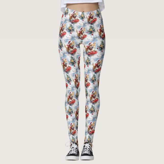 Akita Dog in Sledge Lass es Schnee Weihnachten Leggings (Vorderseite)