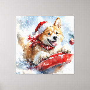 Akita Dog in Sledge Lass es Schnee Weihnachten Leinwanddruck