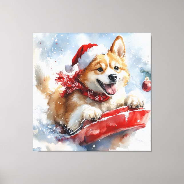 Akita Dog in Sledge Lass es Schnee Weihnachten Leinwanddruck (Vorderseite)