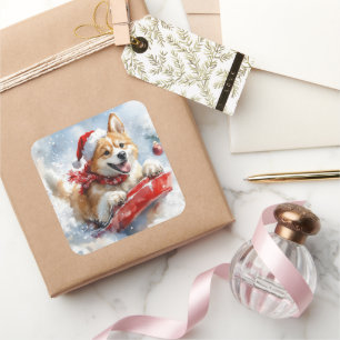 Akita Dog in Sledge Lass es Schnee Weihnachten Quadratischer Aufkleber