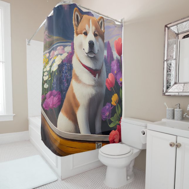 Akita Dog on a Paddle: Ein Landschaftliches Abente Duschvorhang (Beispiel)