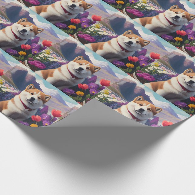 Akita Dog on a Paddle: Ein Landschaftliches Abente Geschenkpapier (Ecke)